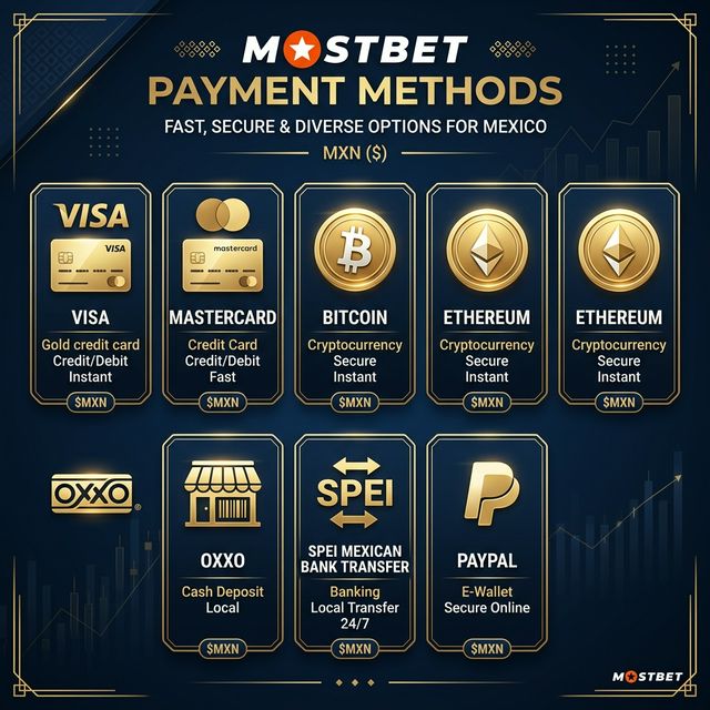 Métodos de pago Mostbet México - OXXO, SPEI, Visa, Bitcoin